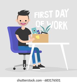 First Day Of Work. Young Character Holding A Box With A Stationery / Flat Editable Vector Illustration, Clip Art