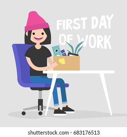 First Day Of Work. Young Character Holding A Box With A Stationery / Flat Editable Vector Illustration, Clip Art