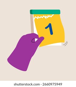Primeros días del mes. Mano arrancar hoja de calendario. Ilustración vectorial colorida