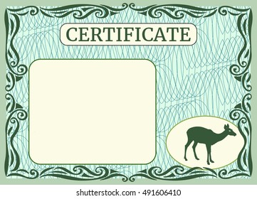 First deer certificate. Guilloche. It can be used as a protective layer for the vouchers, diplomas, banknotes. Reindeer silhouette.