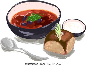 
first dish, aromatic, hot soup, national dish, beetroot, with rich red color, with beans, and herbs, with donuts and spoon, in a black deep dish