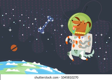 First dog astronaut in spacesuit floating in outer space chasing a sugar bone made of stars. The planet earth is under his feet. The dark cosmos with shining stars on background. Vector illustration