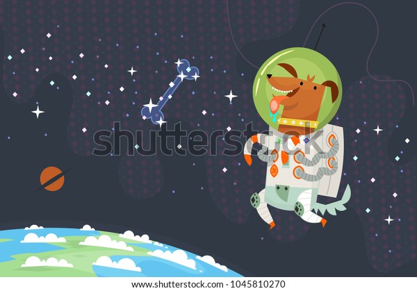 First dog astronaut in spacesuit floating in\
outer space chasing a sugar bone made of stars. The planet earth is\
under his feet. The dark cosmos with shining stars on background.\
Vector illustration
