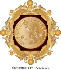 First dollar in a beautiful carved gold frame vector illustration
