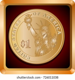 First dollar in a gold frame with a brown background vector illustration