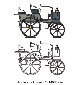 First Electric Lucian Car Or Vintage Motor Vehicle. XIX Century Motor Automobile Or Vintage Carriage, Retro Stagecoach Or Old Cab. Isolated Icons Of Closed Wagon Contour. Transportation Theme