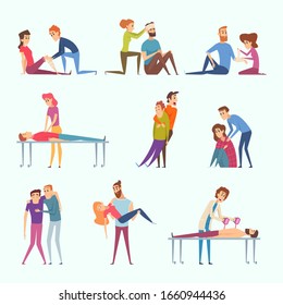First emergency aid. Accident road helping injury victims damaged persons vector medical illustrations