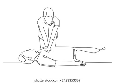 First emergency CPR on a person with a heart attack.CPR cardiac resuscitation of medical personnel.vector continuous line drawing