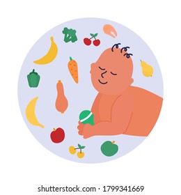 first feeding of child. there are many healthy fruits around child. growth and development of child and his nutrition concept. Cartoon hand drawn vector isolated on white