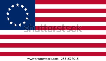 First Flag Resolution 1777. Revolutionary War Flag.
Vintage historic flag of United States of America. USA heritage.