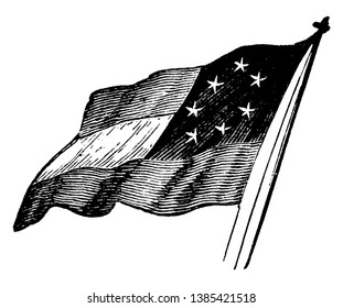 The first flag of the U.S. Confederacy, this flag has three horizontal stripes alternating dark and white, top right corner has 7 stars in oval shape, vintage line drawing or engraving illustration