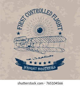 The First Flight Of Wright Brothers Airplane Label In Retro Style On A Light Vintage Background