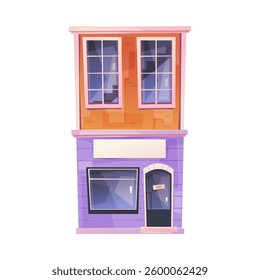 First floor business, isolated exterior or facade of historical building with wide windows and entrance to shop. Vector store or restaurant with open sign, empty board for name or logotype