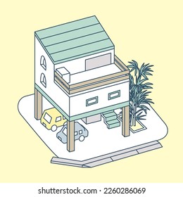 The first floor is a parking lot. Daily life surrounded by greenery