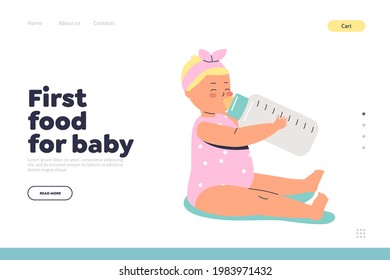 First Food For Baby Concept Of Landing Page With Cute Newborn Kid With Bottle Of Milk. Infant Toddler Girl Drink Feeding Formula Or Mother Milk. Cartoon Flat Vector Illustration