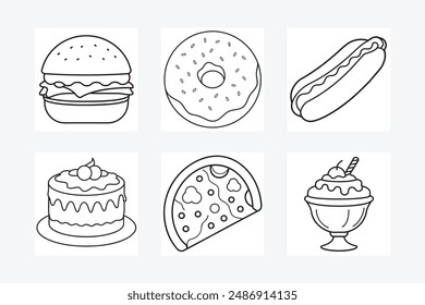 First food line art vector illustration, Burger, Cake, Donut, Hot dog, ice cream, pizza