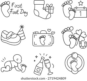 Ikonensatz für den ersten Fußtag mit Babyschritten und Feier-Symbolen. Minimale Kontur, Vektordesign