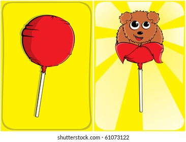 the first frame - red wrapped candy. the second frame - from candies climbs bear.