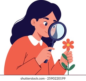 The first frame shows the woman looking at the flower closely with curiosity and delight.