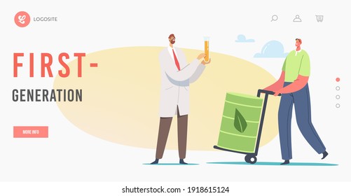 First Generation Of Biofuel Landing Page Template. Scientist Chemist Character Holding Glass Flask With Eco Petrol, Worker With Green Barrel Or Canister With And Bio Fuel. Cartoon Vector Illustration