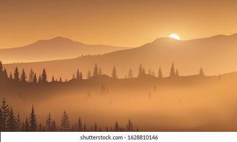 First golden rays of rising sun in a foggy mountain valley. Wild nature. Vector illustration, EPS 10.
