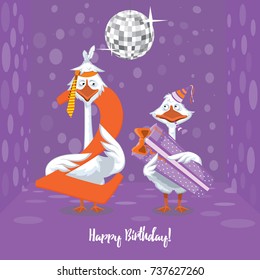 The first goose holds the number 2. The second goose holds a gift on a colorful background. Happy Birthday. vector illustration.