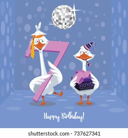 The first goose holds the number 7. The second goose holds a gift on a colorful background. Happy Birthday. vector illustration.