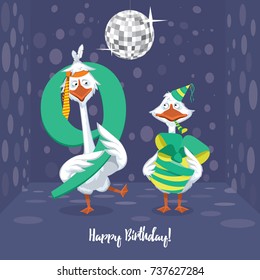 The first goose holds the number 9. The second goose holds a gift on a colorful background. Happy Birthday. vector illustration.