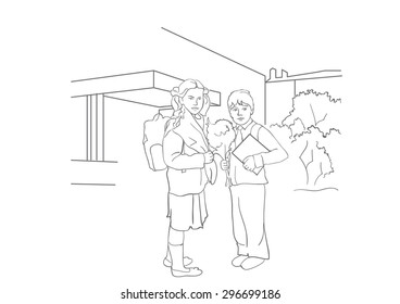 first grade, first class, a boy and a girl near a school, vector