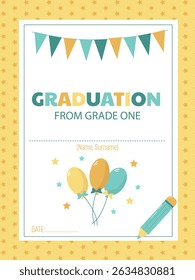 First grade graduation certificate to congratulate students with balloons and a pencil