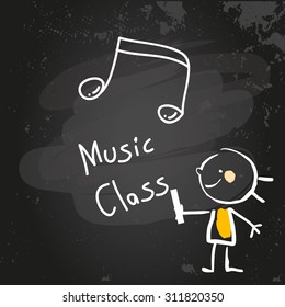First grade music class education, hand drawn on blackboard with chalk. Hand drawing and writing doodle style, sketchy illustration. 