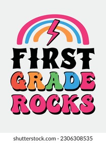 Primer grado Rocks Back to School cita arte de sublimación tipográfica retro sobre fondo blanco