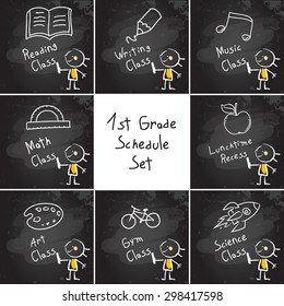 First grade schedule education set, collection, hand drawn on blackboard with chalk. Hand drawing and writing doodle style, sketchy illustration. 