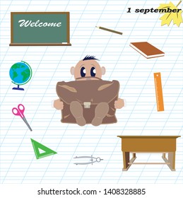 first grade student on the background of the notebook sheet and school supplies