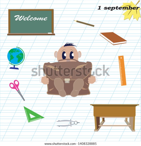first grade student on the background of the\
notebook sheet and school\
supplies
