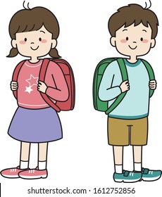 First grader school boy and girl with school bag