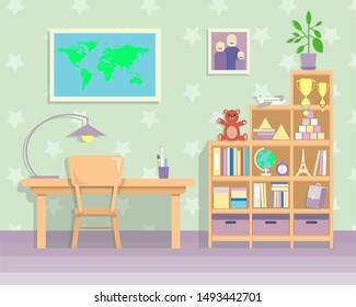 Quarto para alunos da primeira série em lilás . Imagem vetorial em estilo de design plano. Espaço em papel com espaço para texto