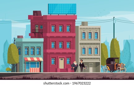 First half 20th century modernist architectural style flat cartoon composition with simple classical forms houses vector illustration