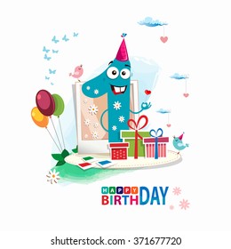 First Happy Birthday color card. Happy First birthday card vector with gift box and balloons
