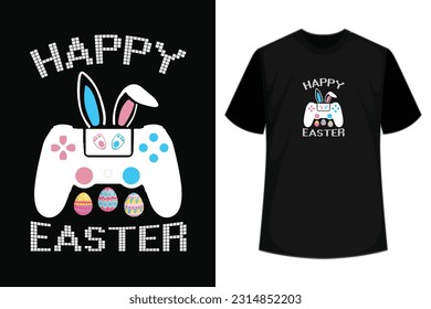 First Happy jesus Easter rabbit, bunny game controller festive t shirt design template, Game lover, kids Handwriting typography vector easter eggs shirts black background vector