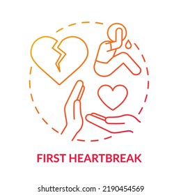 First Heartbreak Red Gradient Concept Icon. Teenage Issue Abstract Idea Thin Line Illustration. Broken Heart. Heartbreaking Experience. Isolated Outline Drawing. Myriad Pro-Bold Font Used