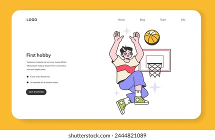 First hobby web banner or landing page. Athlete throws the ball into the basket. Teen character play with a ball. Teenager years life milestones. Teen boy getting old. Flat vector illustration