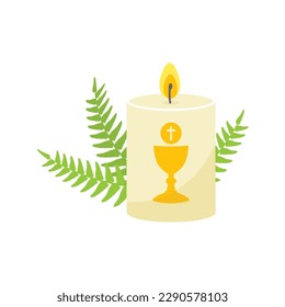 first Holy Communion, Baptismal candle with fern leaves- vector illustration