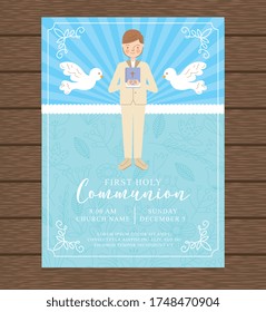 First Holy Communion Invitation with boy and doves. vector illustration