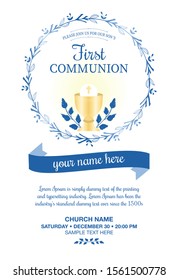 First Holy Communion Invitation for boys with flowers frame and chalice in blue tones svg