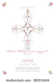 First Holy Communion Invitation Card - Vector With Cross And White Background