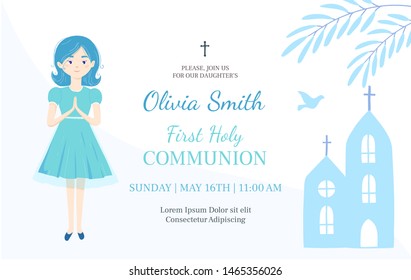 First Holy Communion invitation design template. Christian girl pray .