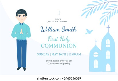 First Holy Communion invitation design template. Christian boy pray .