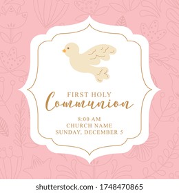 First Holy Communion Invitation. with dove. vector illustration