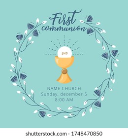 First Holy Communion Invitation with Jesus Eucharist. vector illustration